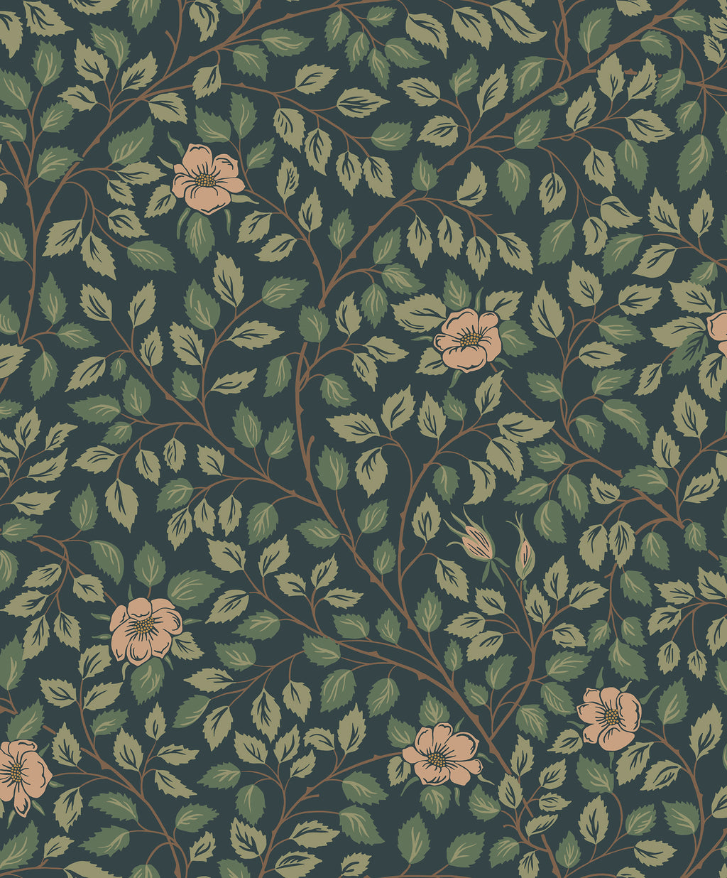 Solliden wallpaper by Sandberg, flat swatch of green leaf trails and soft peach roses on a dark teal ground
