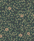 Solliden wallpaper by Sandberg, flat swatch of green leaf trails and soft peach roses on a dark teal ground