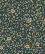 Solliden wallpaper by Sandberg, flat swatch of green leaf trails and soft peach roses on a dark teal ground