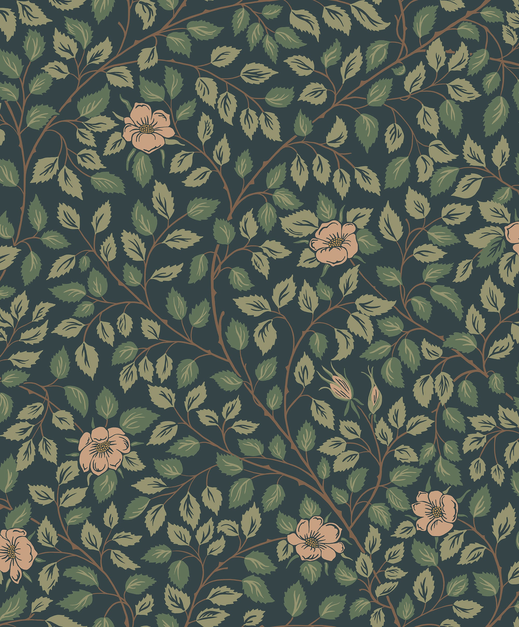 Solliden wallpaper by Sandberg, flat swatch of green leaf trails and soft peach roses on a dark teal ground