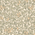 Emrik wallpaper by Sandberg, flat swatch of plums and leafy branches in sage green and ochre on cream