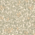 Emrik wallpaper by Sandberg, flat swatch of plums and leafy branches in sage green and ochre on cream