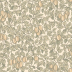 Emrik wallpaper by Sandberg, flat swatch of plums and leafy branches in sage green and ochre on cream