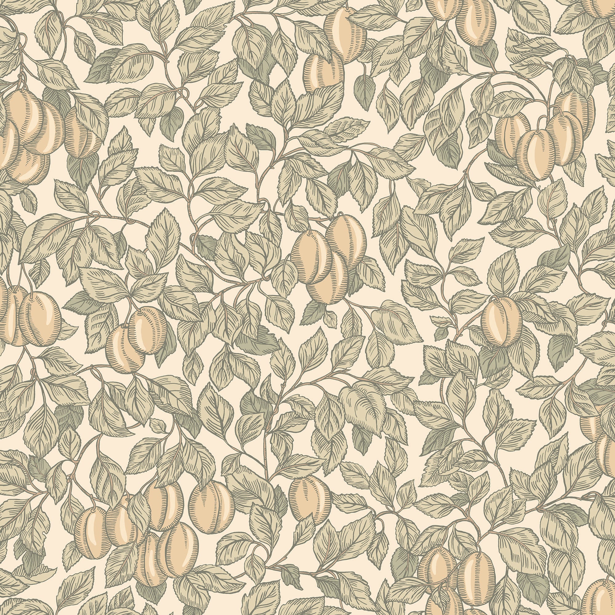 Emrik wallpaper by Sandberg, flat swatch of plums and leafy branches in sage green and ochre on cream