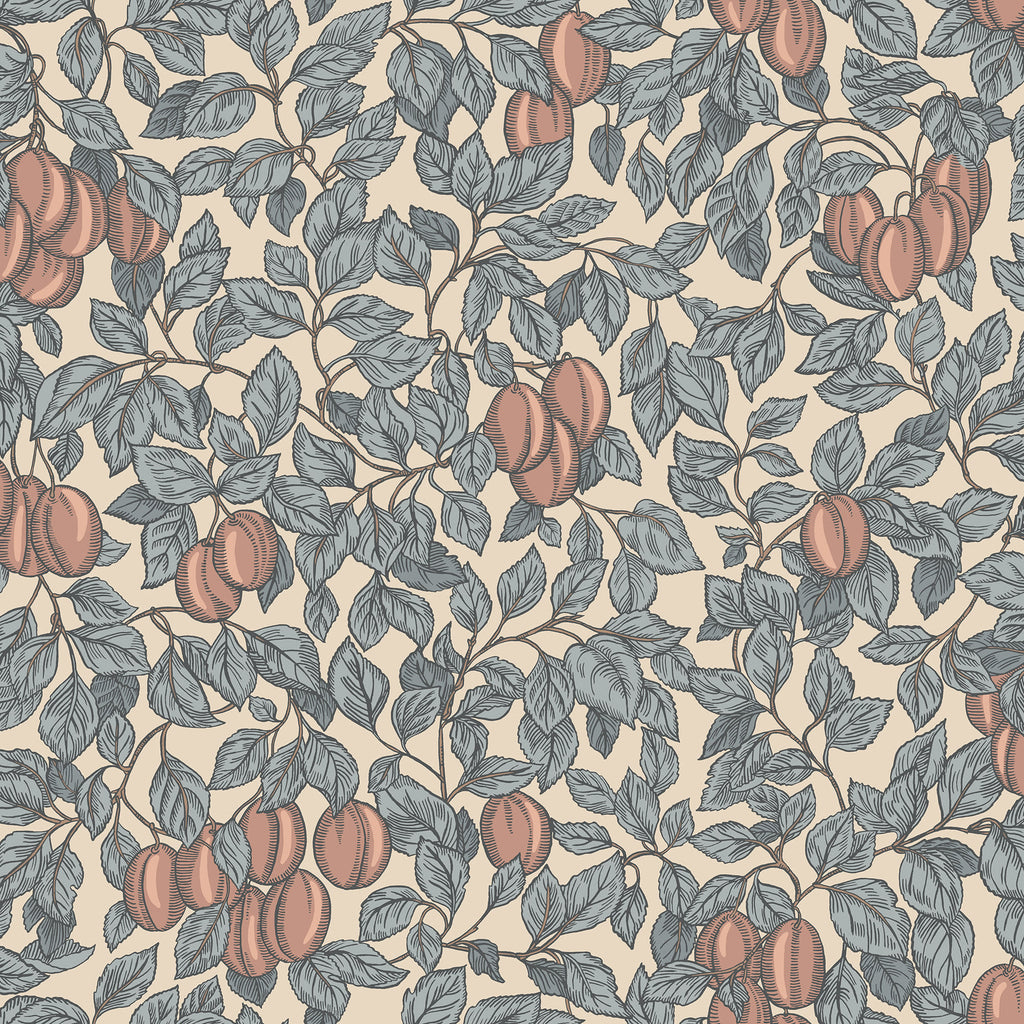 Emrik wallpaper by Sandberg, flat swatch of plums and leafy branches in slate blue and terracotta on cream