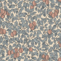 Emrik wallpaper by Sandberg, flat swatch of plums and leafy branches in slate blue and terracotta on cream