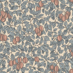 Emrik wallpaper by Sandberg, flat swatch of plums and leafy branches in slate blue and terracotta on cream