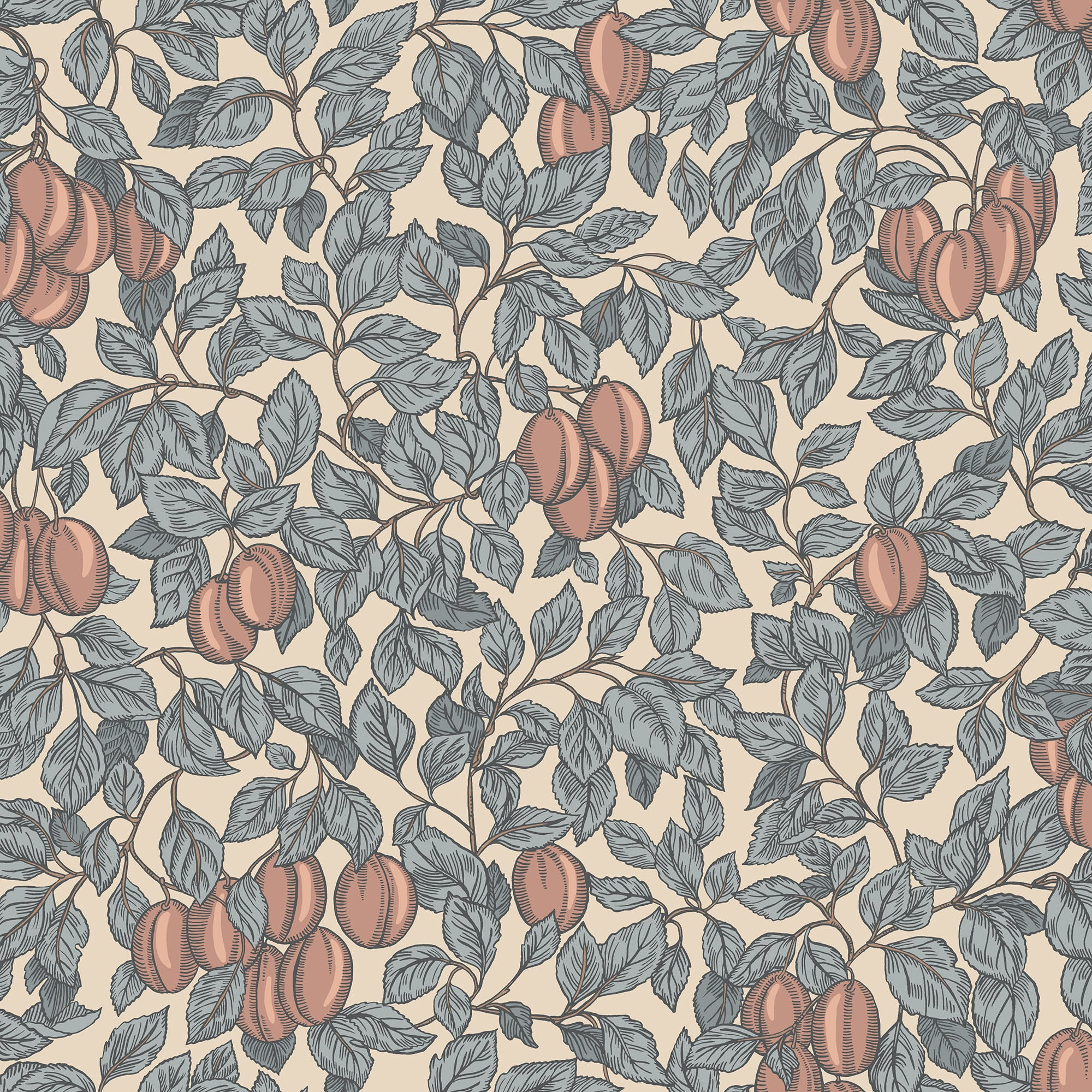 Emrik wallpaper by Sandberg, flat swatch of plums and leafy branches in slate blue and terracotta on cream