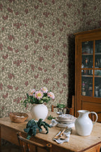 Emrik wallpaper by Sandberg in Burgundy, styled on an interior wall