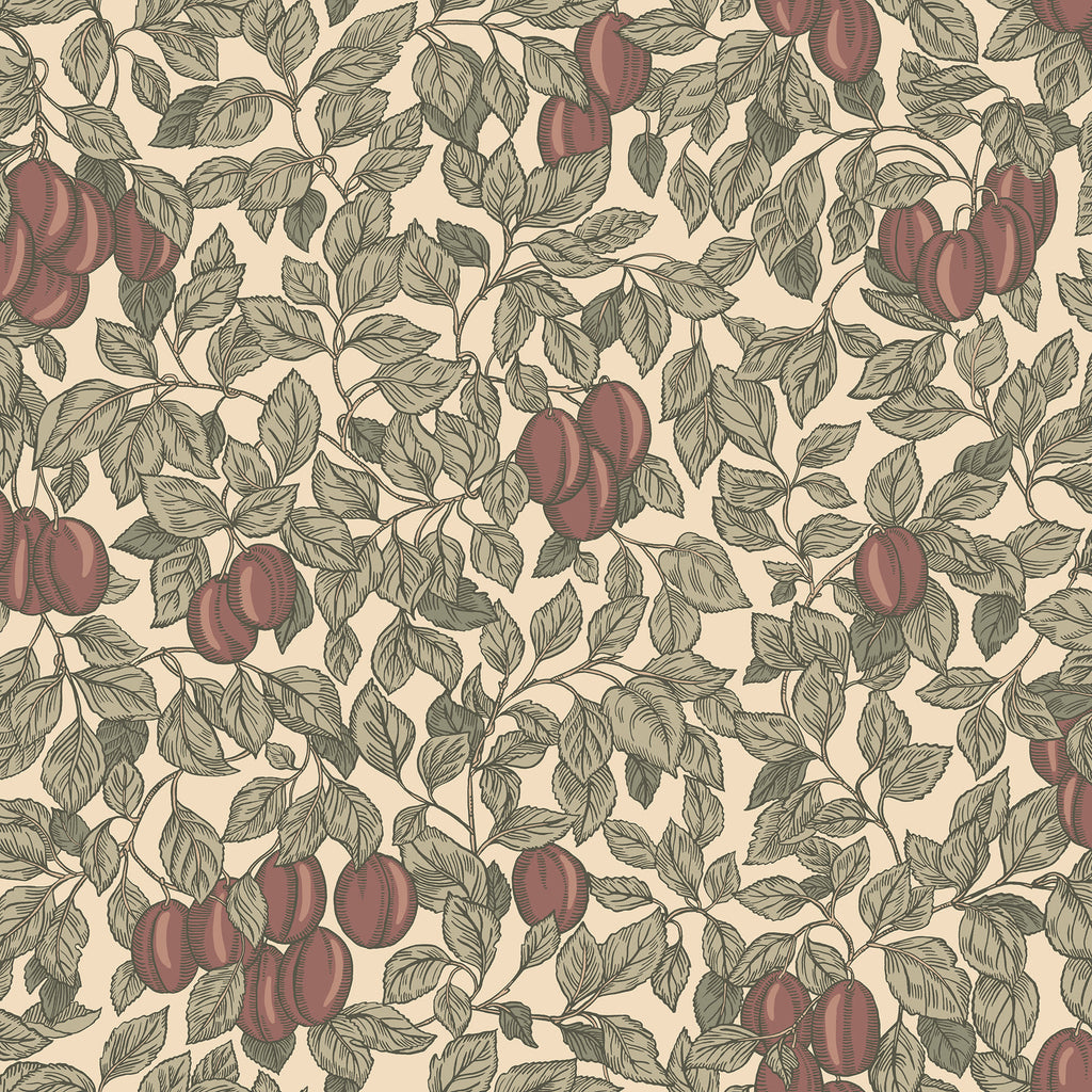 Emrik wallpaper by Sandberg, flat swatch of plums and leafy branches in olive green and deep red on cream