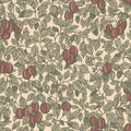 Emrik wallpaper by Sandberg, flat swatch of plums and leafy branches in olive green and deep red on cream