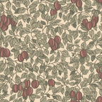 Emrik wallpaper by Sandberg, flat swatch of plums and leafy branches in olive green and deep red on cream