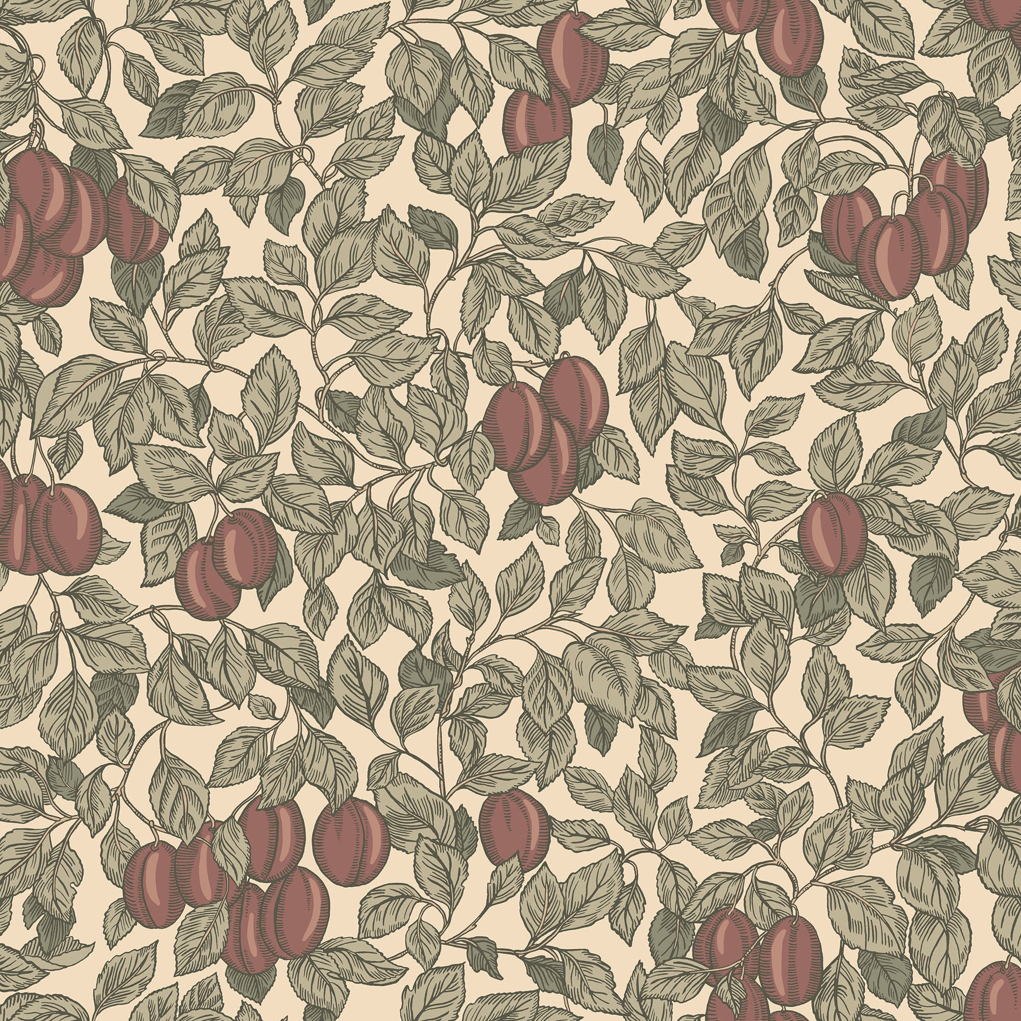 Emrik wallpaper by Sandberg, flat swatch of plums and leafy branches in olive green and deep red on cream
