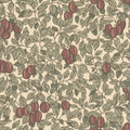 Emrik wallpaper by Sandberg, flat swatch of plums and leafy branches in olive green and deep red on cream