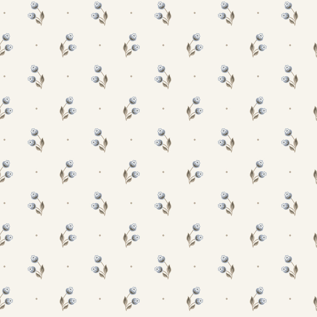 Siv wallpaper by Sandberg, dainty soft blue floral sprig on cream, flat swatch colourway