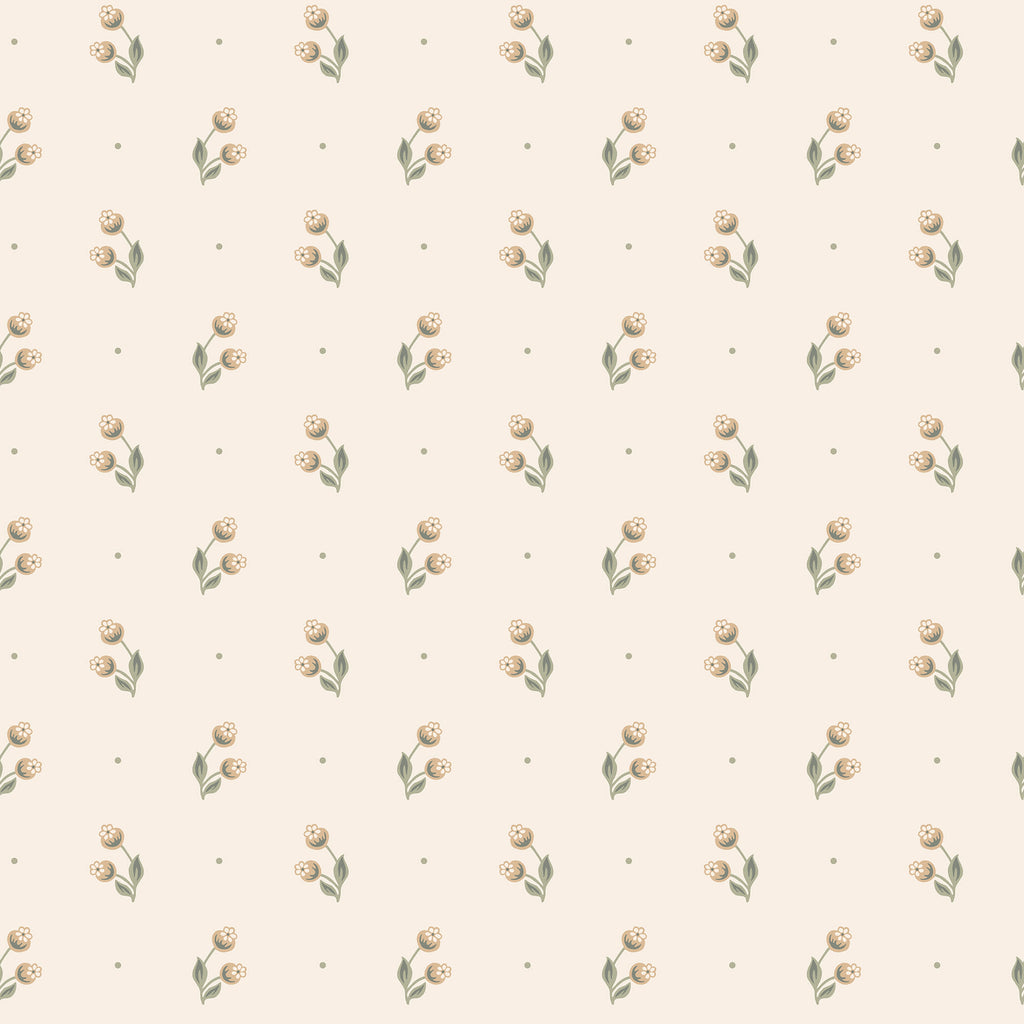Siv wallpaper by Sandberg, tonal cream and sage floral sprig on ivory, flat swatch colourway