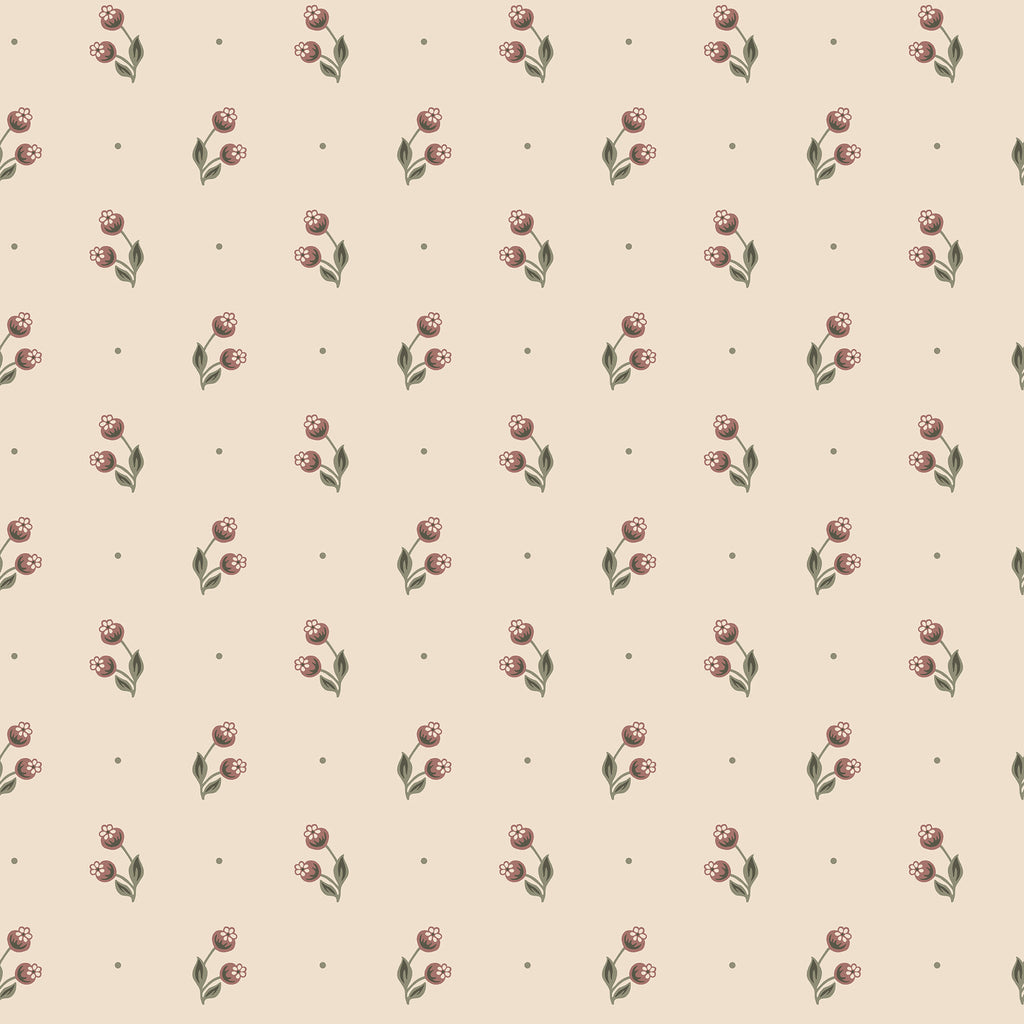 Siv wallpaper by Sandberg, small burgundy floral sprig with dots on cream, flat swatch