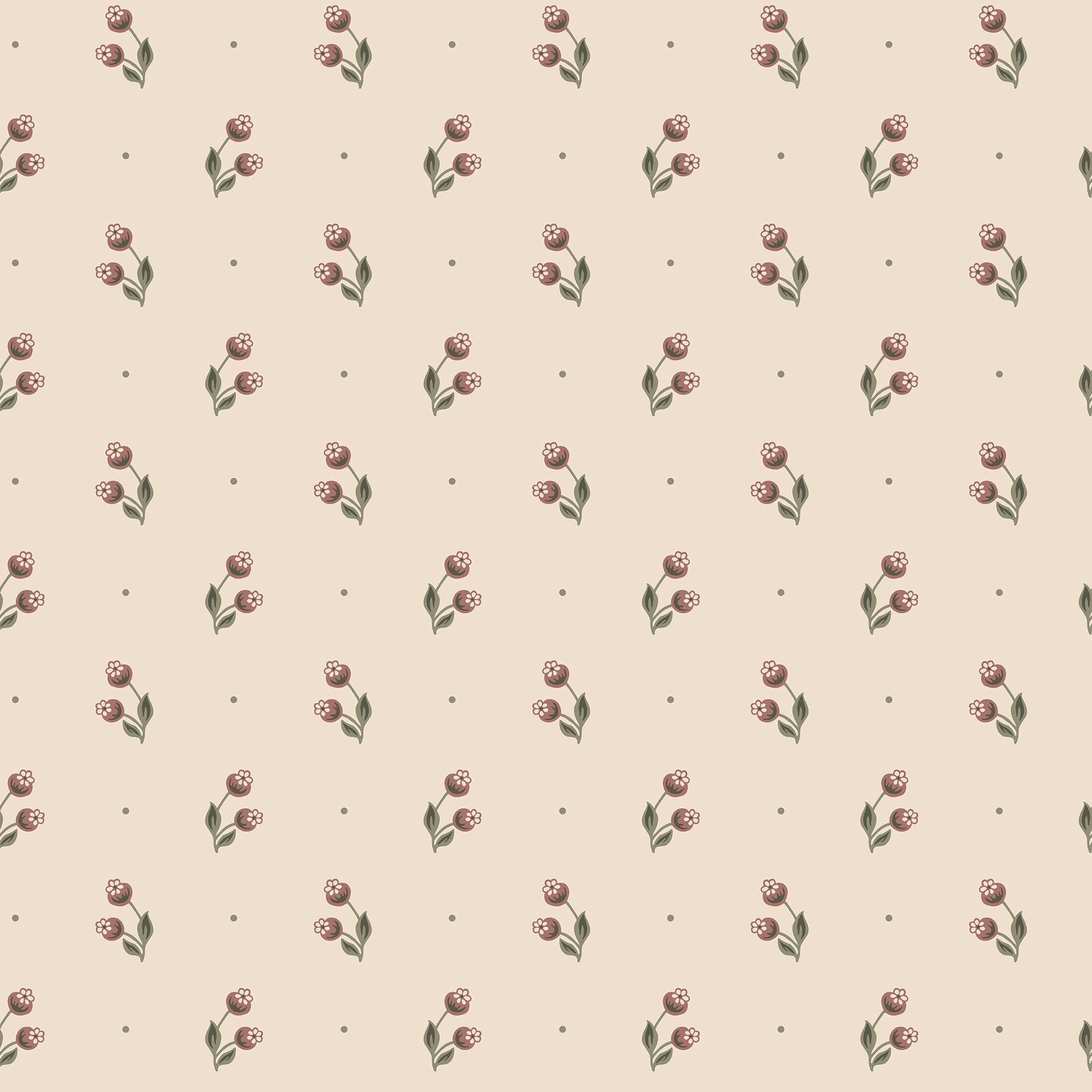 Siv wallpaper by Sandberg, small burgundy floral sprig with dots on cream, flat swatch