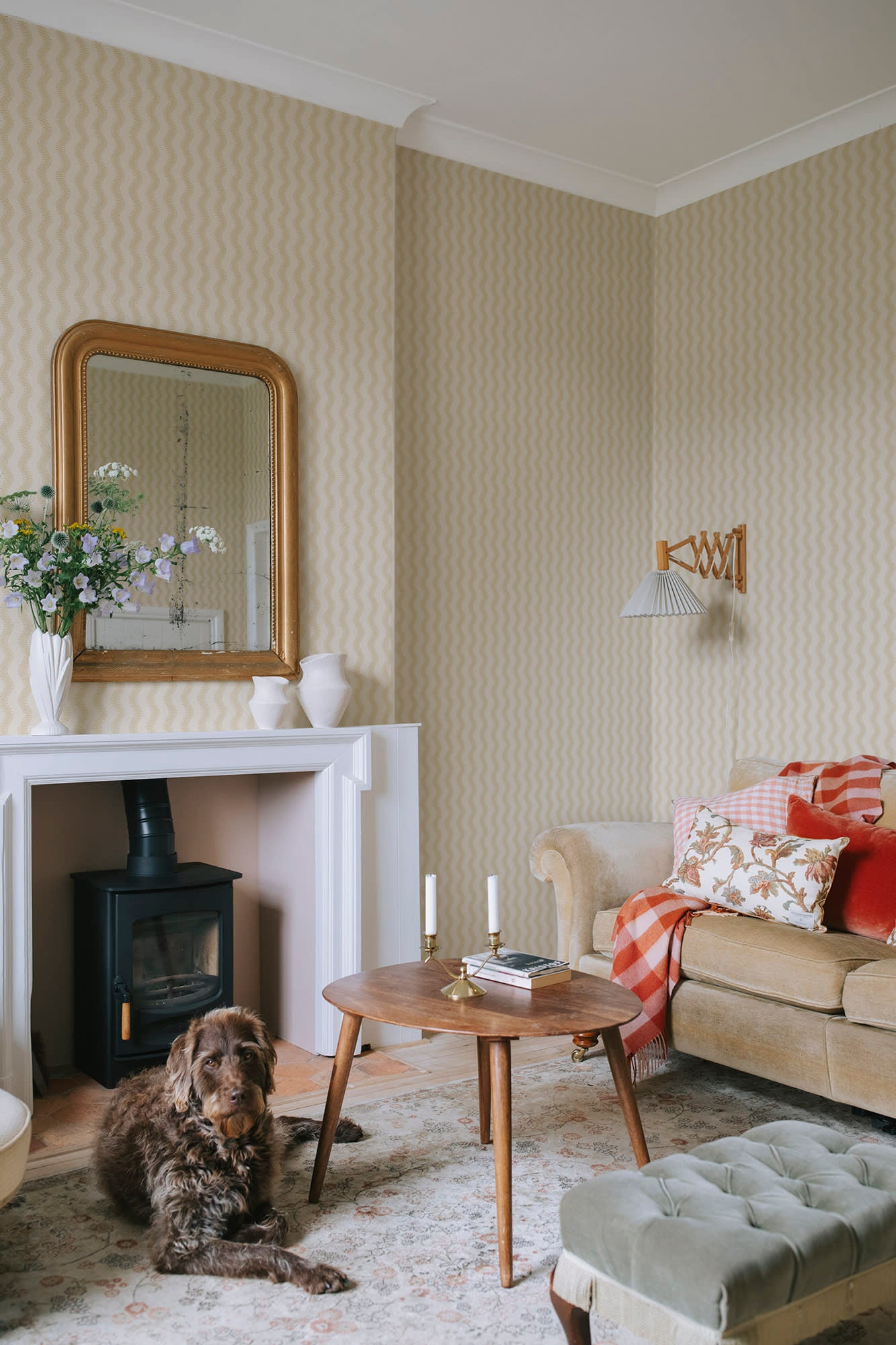 Erik wallpaper by Sandberg in Yellow, styled on an interior wall