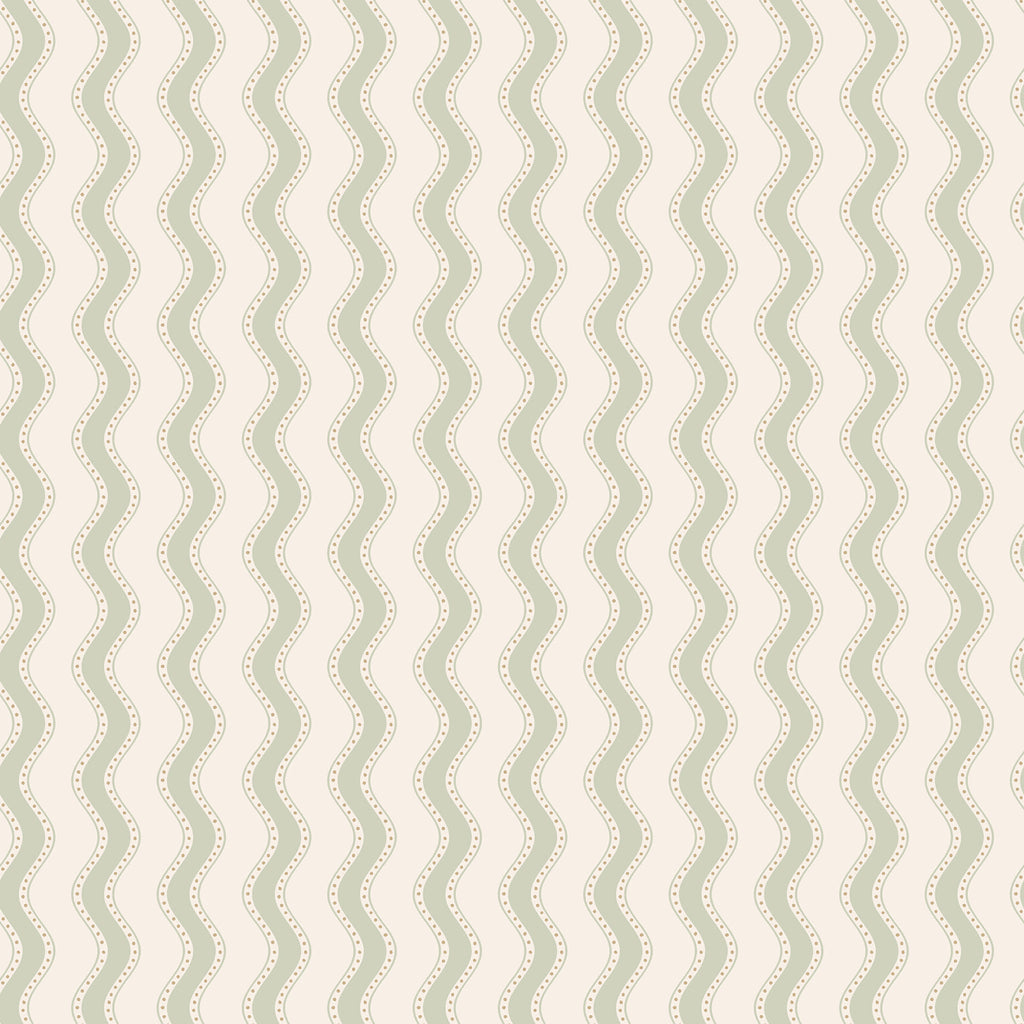 Erik wallpaper by Sandberg, wavy dotted vertical stripe in sage green on cream, flat swatch colourway