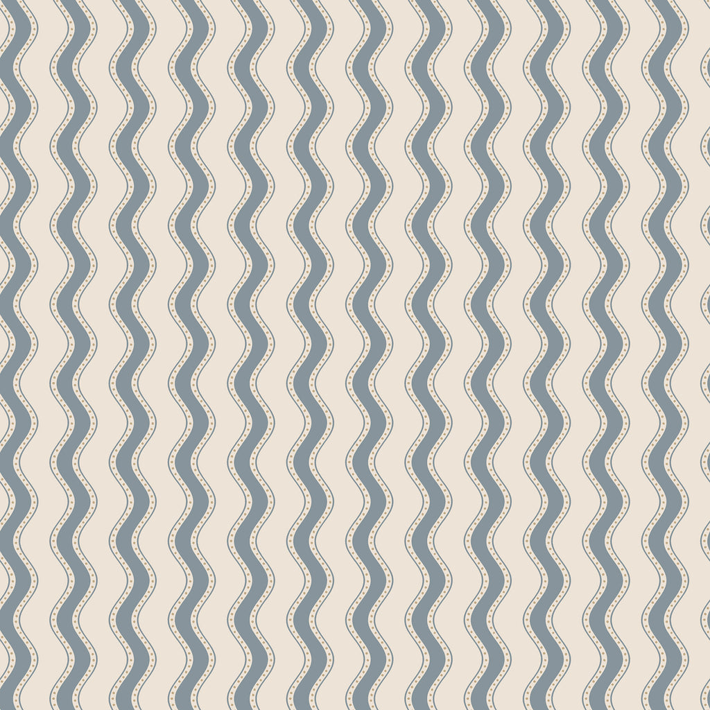 Erik wallpaper by Sandberg, wavy dotted vertical stripe in dusty blue on cream, flat swatch colourway