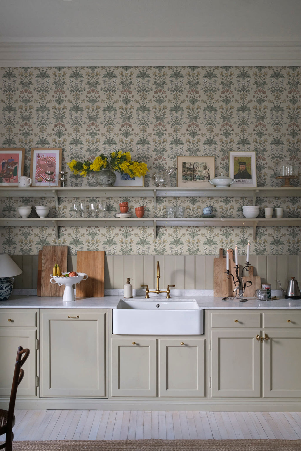 Maj wallpaper by Sandberg in Sandstone, styled on an interior wall