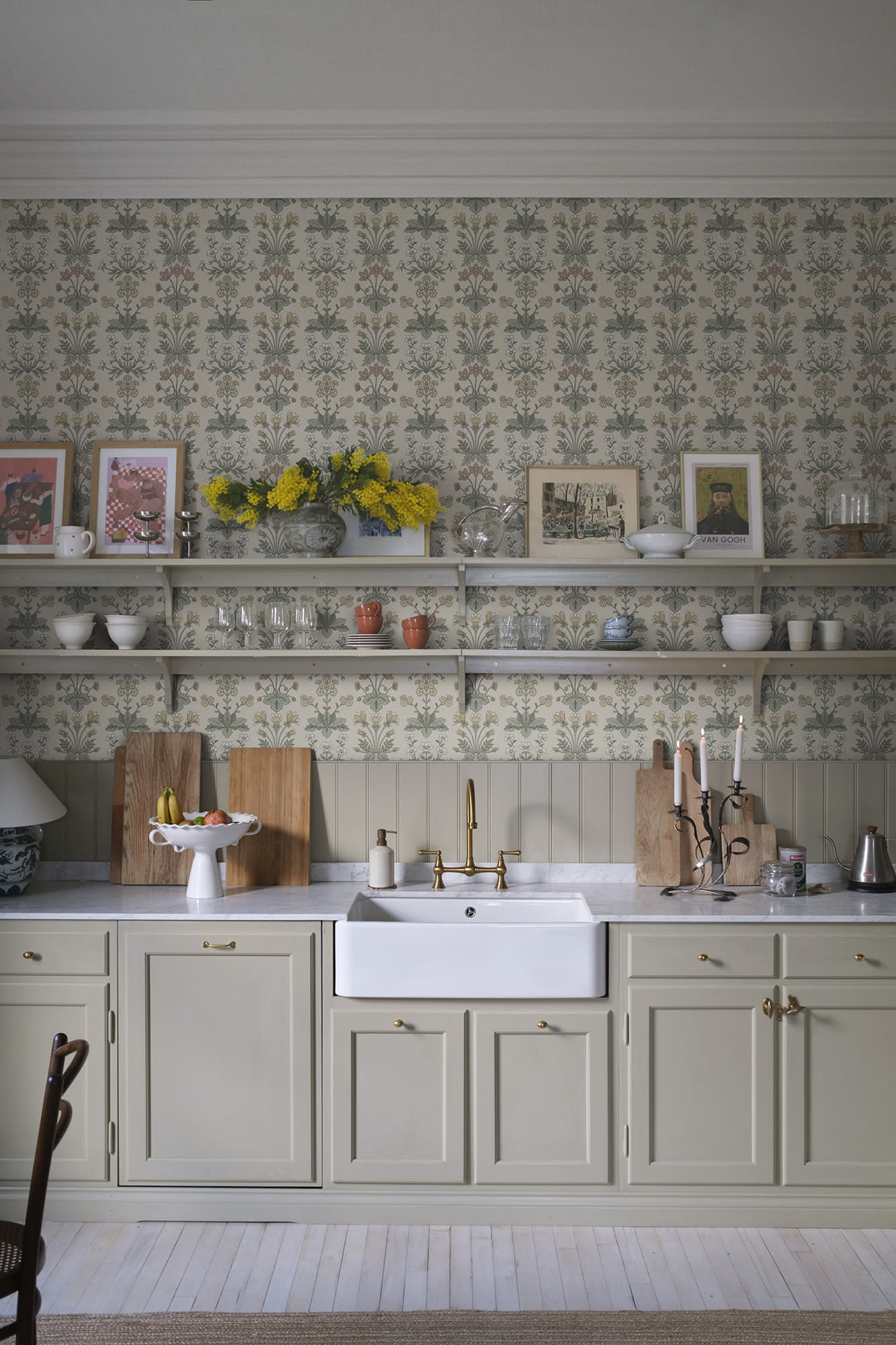Maj wallpaper by Sandberg in Sandstone, styled on an interior wall