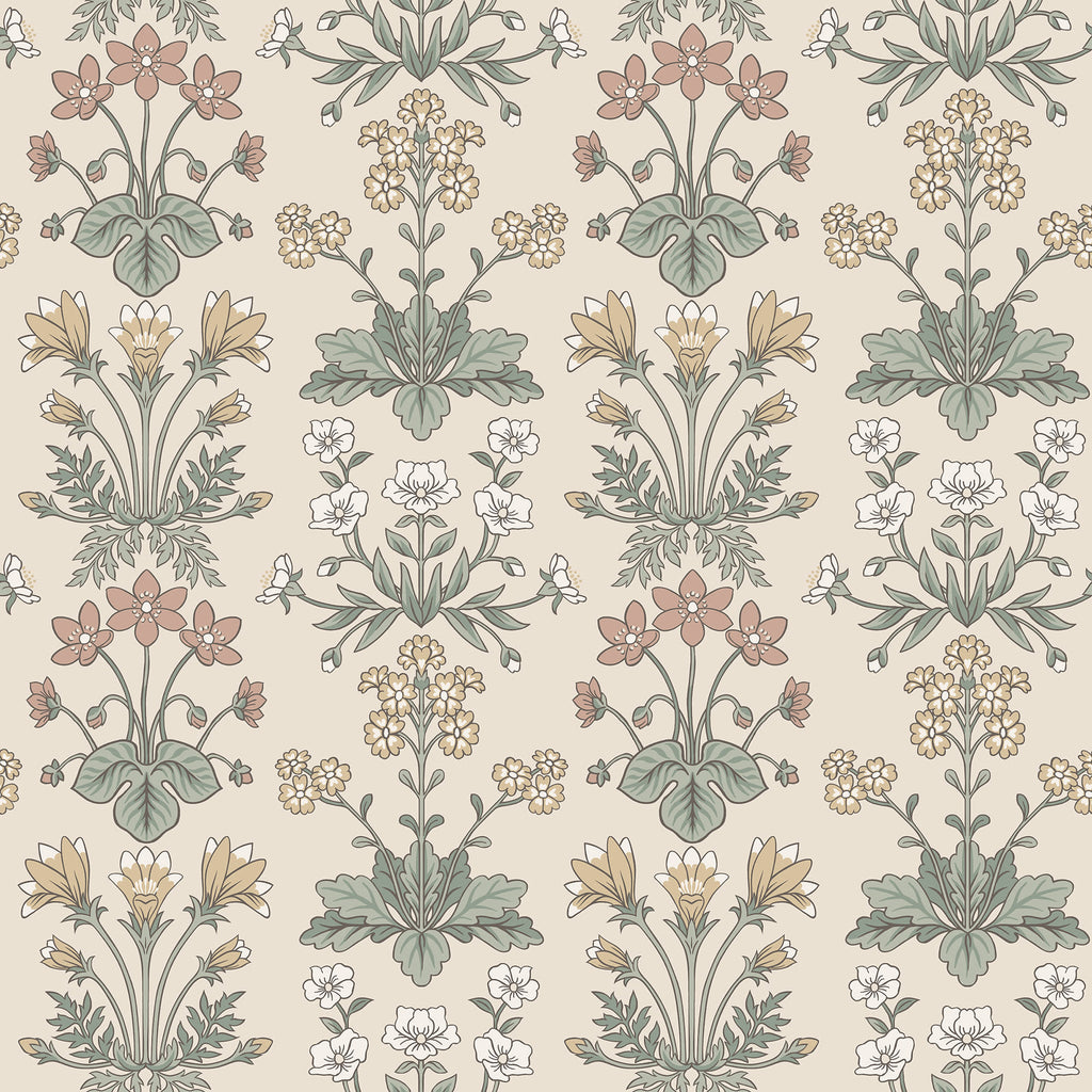 Maj wallpaper by Sandberg on cream, vintage floral clusters in pink, yellow and green, flat roll swatch