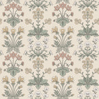 Maj wallpaper by Sandberg on cream, vintage floral clusters in pink, yellow and green, flat roll swatch