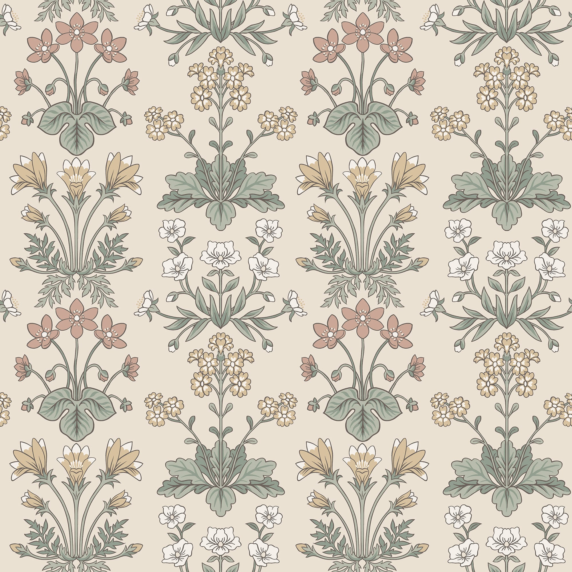 Maj wallpaper by Sandberg on cream, vintage floral clusters in pink, yellow and green, flat roll swatch
