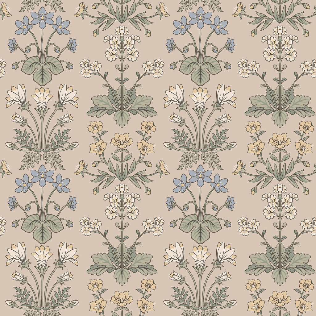Maj wallpaper by Sandberg, symmetrical Arts-and-Crafts flower clusters in blue, yellow and green on beige, flat roll swatch