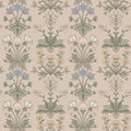 Maj wallpaper by Sandberg, symmetrical Arts-and-Crafts flower clusters in blue, yellow and green on beige, flat roll swatch