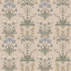 Maj wallpaper by Sandberg, symmetrical Arts-and-Crafts flower clusters in blue, yellow and green on beige, flat roll swatch