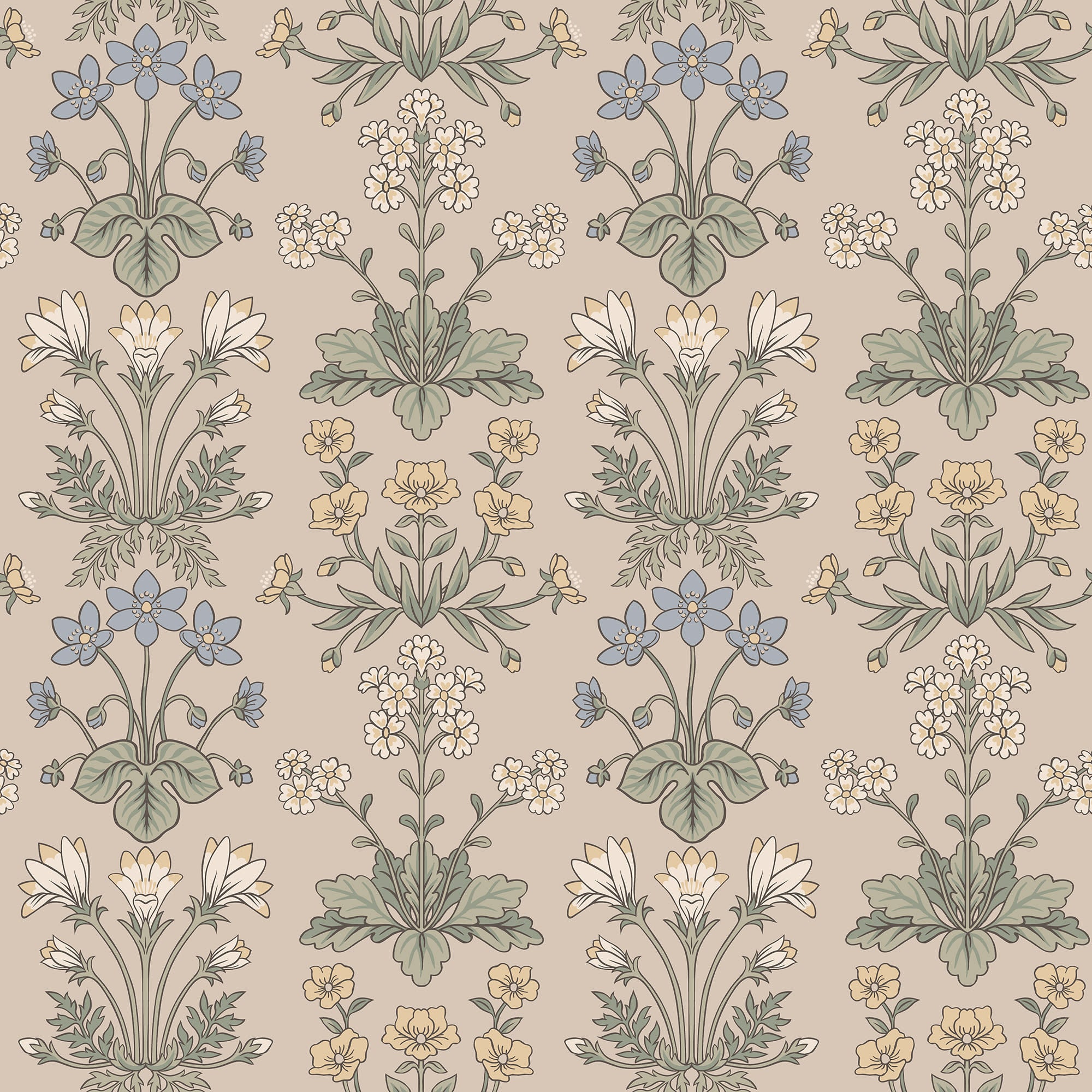 Maj wallpaper by Sandberg, symmetrical Arts-and-Crafts flower clusters in blue, yellow and green on beige, flat roll swatch