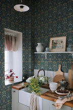 Maj wallpaper by Sandberg in Midnight Blue, styled on an interior wall