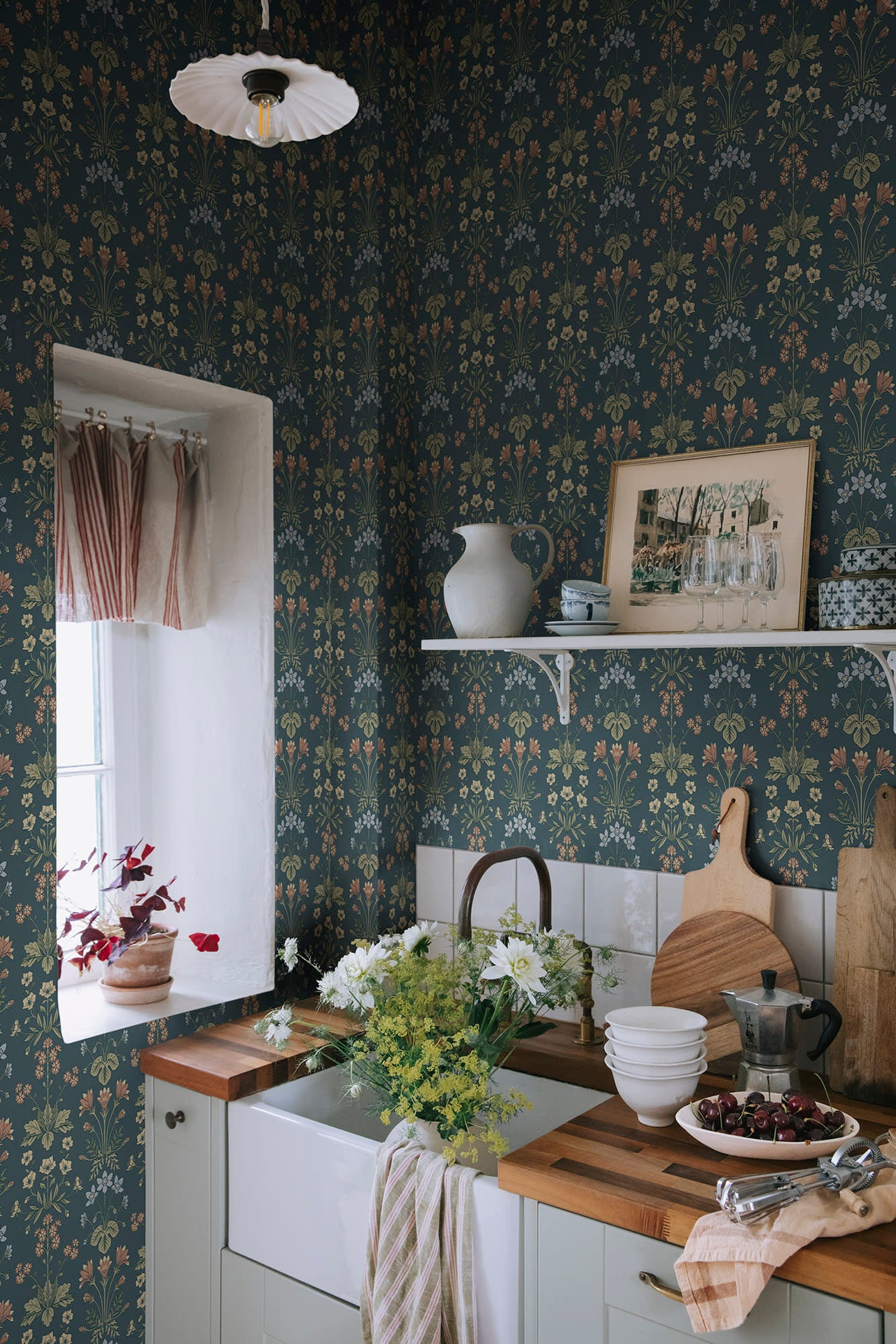 Maj wallpaper by Sandberg in Midnight Blue, styled on an interior wall