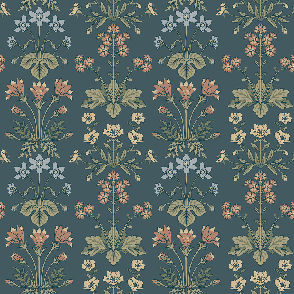 Maj wallpaper by Sandberg on teal, mirrored floral motifs in coral, cream and sage, flat roll swatch