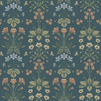 Maj wallpaper by Sandberg on teal, mirrored floral motifs in coral, cream and sage, flat roll swatch