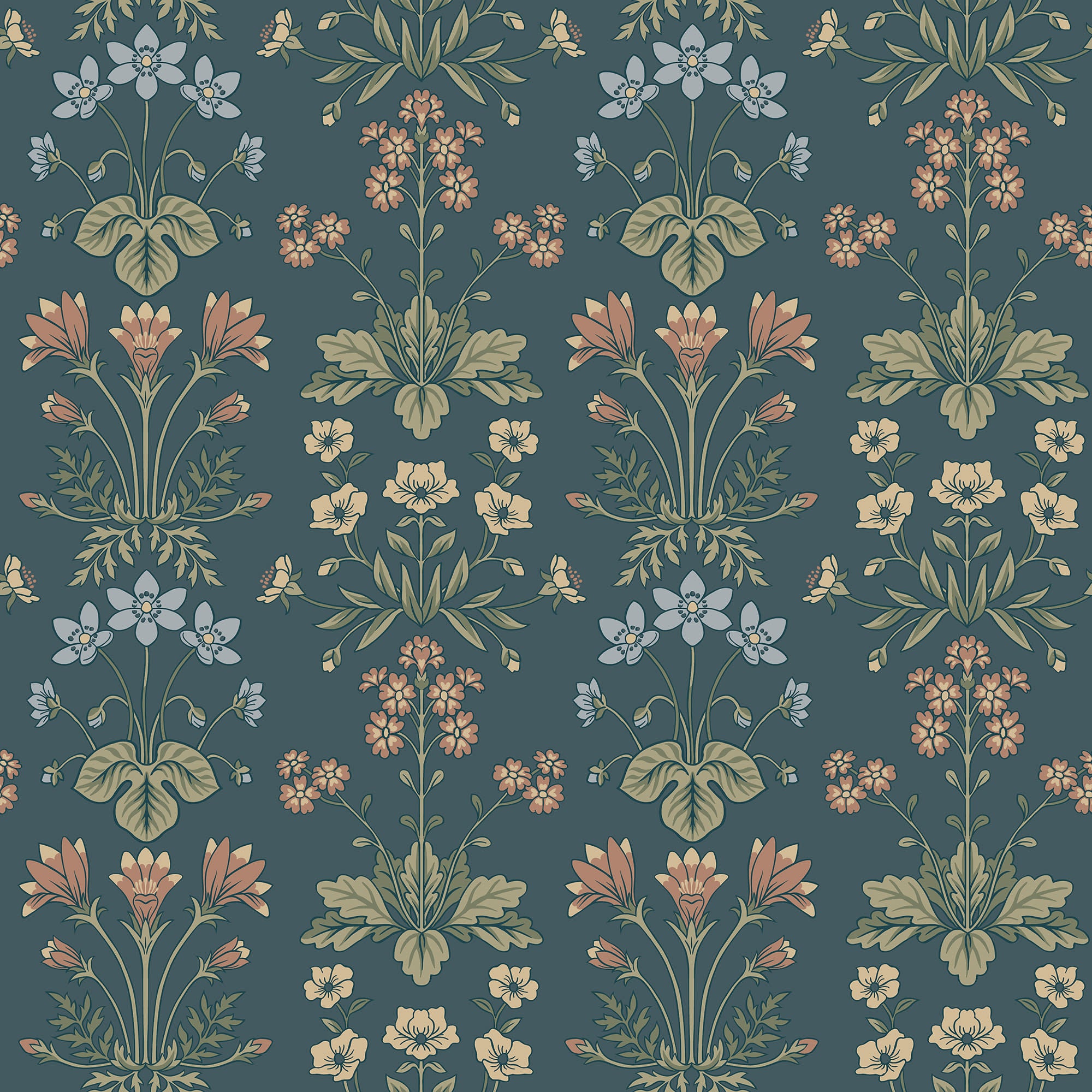 Maj wallpaper by Sandberg on teal, mirrored floral motifs in coral, cream and sage, flat roll swatch