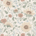 Solveig wallpaper by Sandberg, sunflower and poppy floral on cream with blush poppies and blue cornflowers
