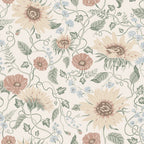 Solveig wallpaper by Sandberg, sunflower and poppy floral on cream with blush poppies and blue cornflowers