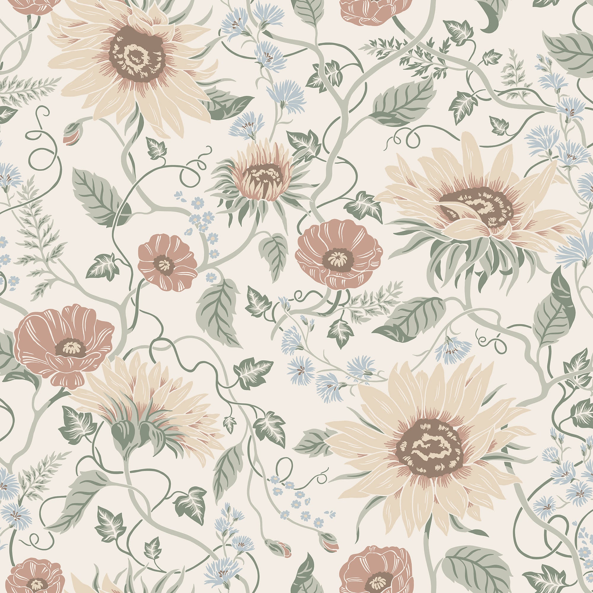 Solveig wallpaper by Sandberg, sunflower and poppy floral on cream with blush poppies and blue cornflowers