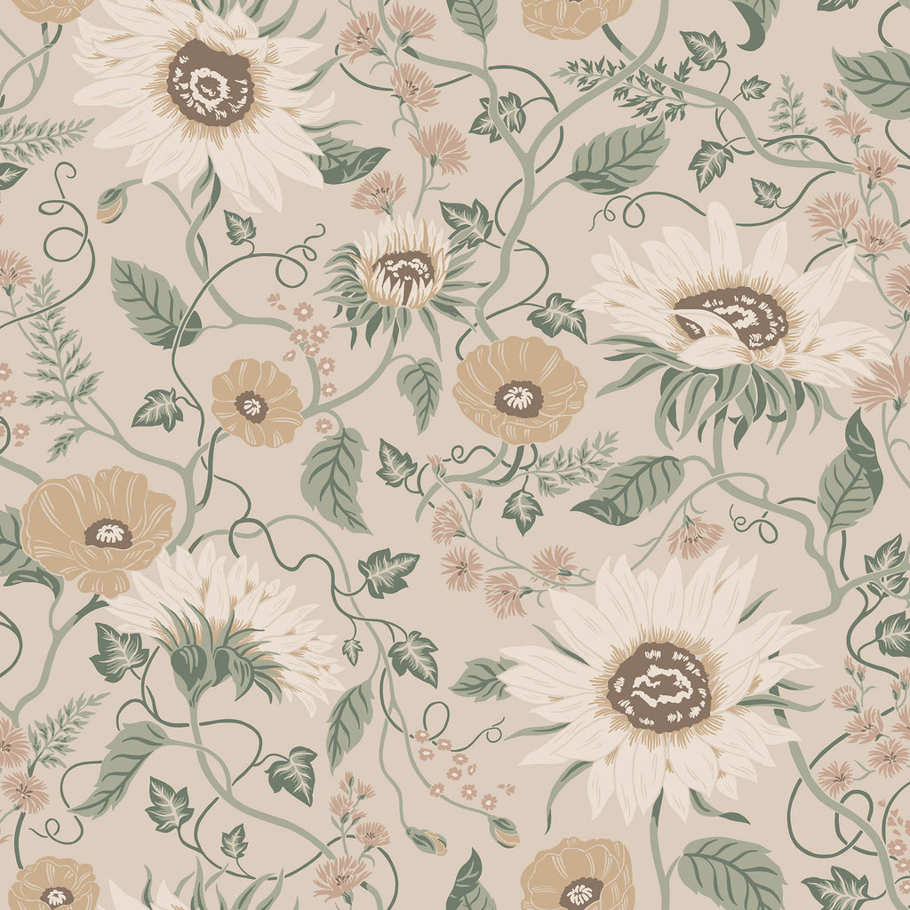 Solveig wallpaper by Sandberg, trailing sunflower and poppy floral in soft beige with sage leaves and cream blooms