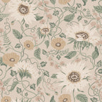 Solveig wallpaper by Sandberg, trailing sunflower and poppy floral in soft beige with sage leaves and cream blooms
