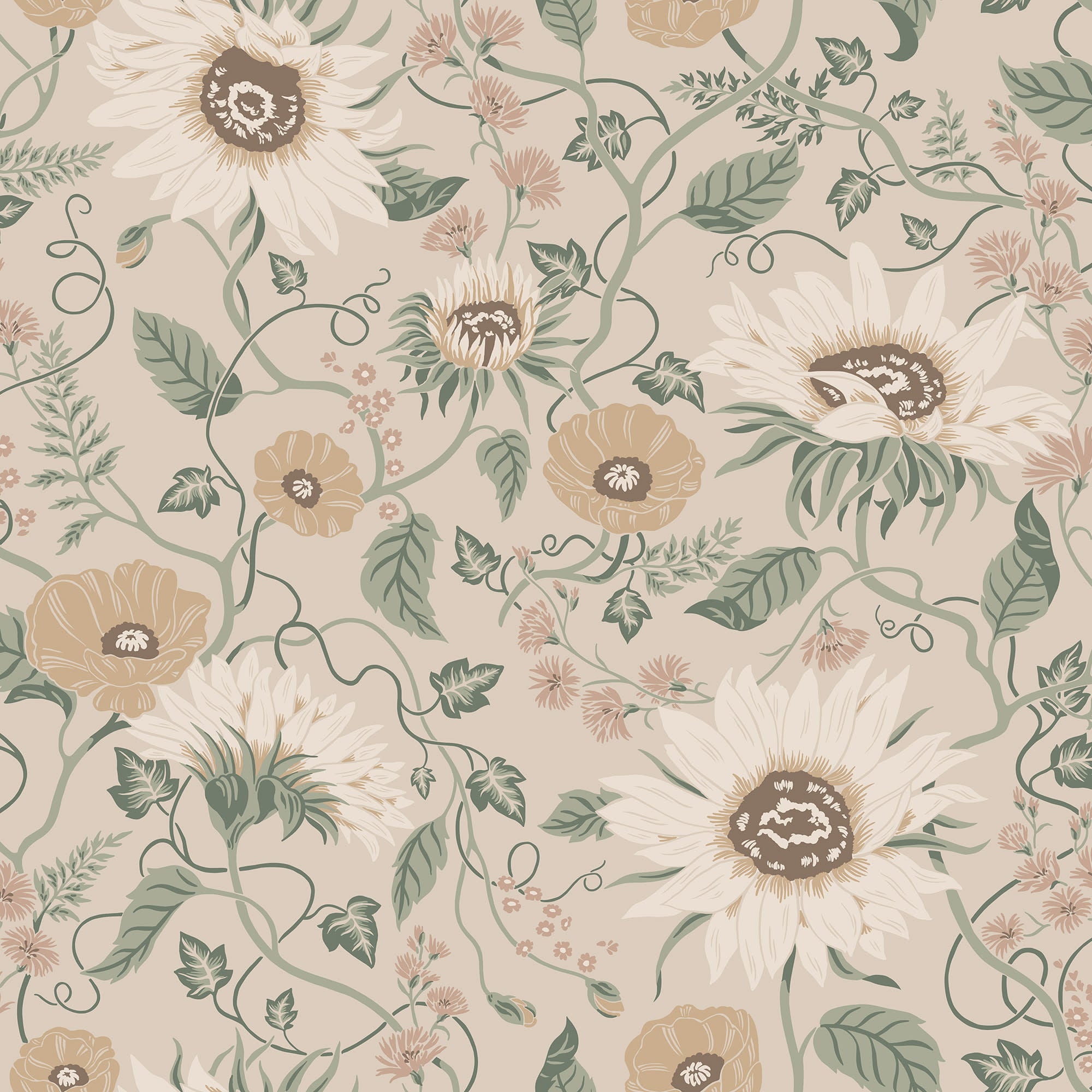 Solveig wallpaper by Sandberg, trailing sunflower and poppy floral in soft beige with sage leaves and cream blooms