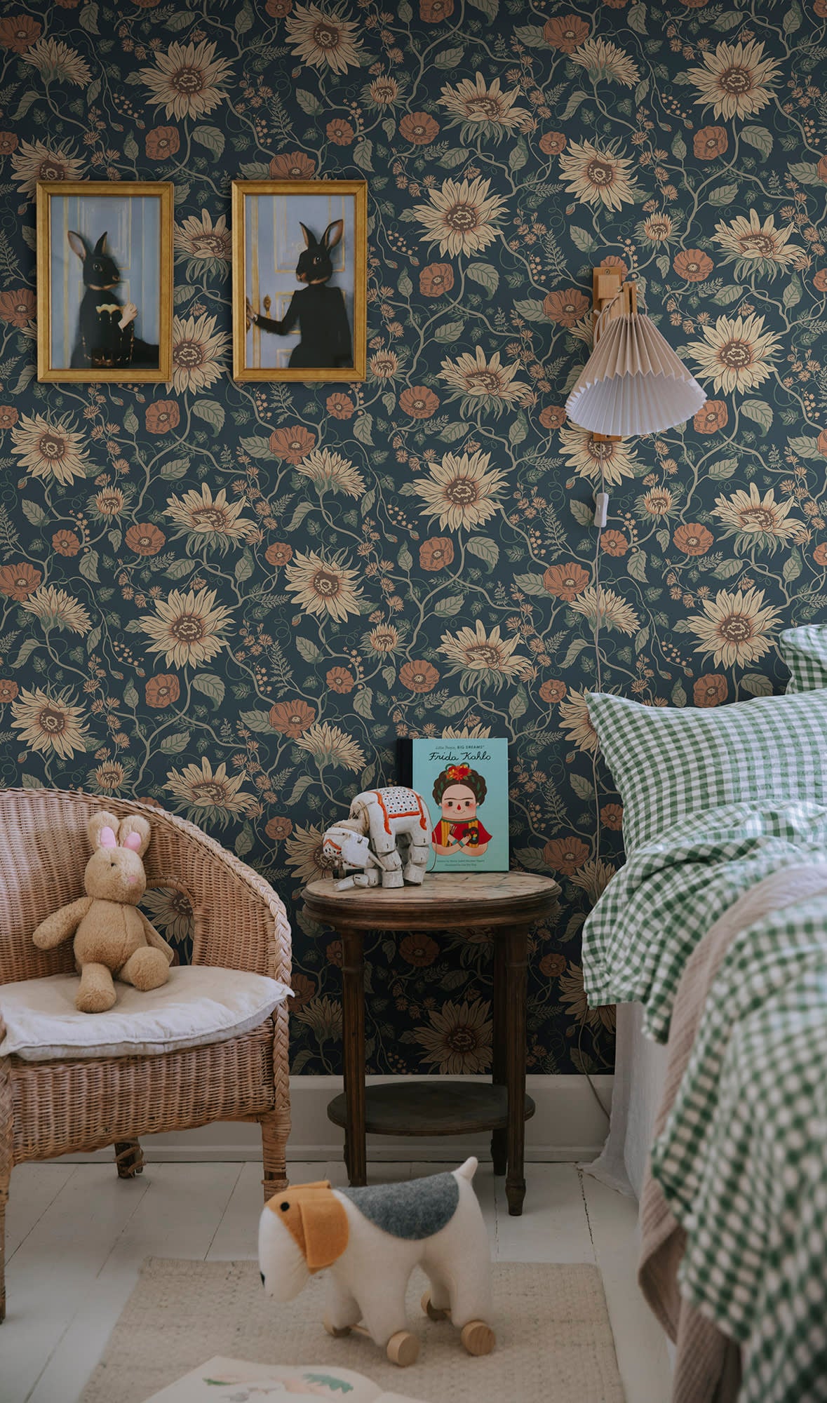 Solveig wallpaper by Sandberg in Midnight Blue, styled on an interior wall