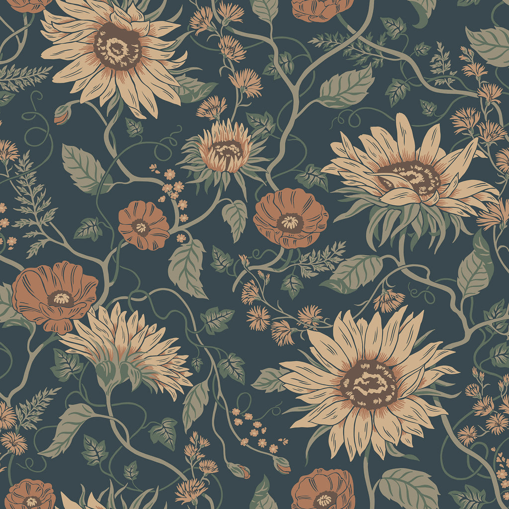 Solveig wallpaper by Sandberg, sunflower and poppy floral on a deep navy ground with rust and cream blooms