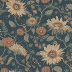 Solveig wallpaper by Sandberg, sunflower and poppy floral on a deep navy ground with rust and cream blooms
