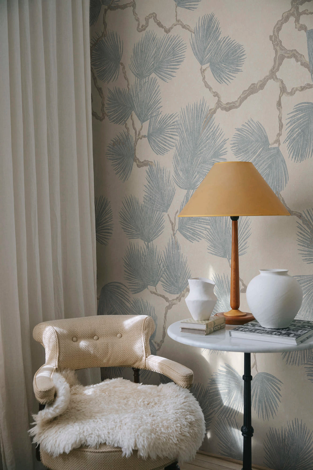 Pine Mural wall mural by Sandberg – botanical design, Blue – Misty Blue – styled in a room setting, view 7
