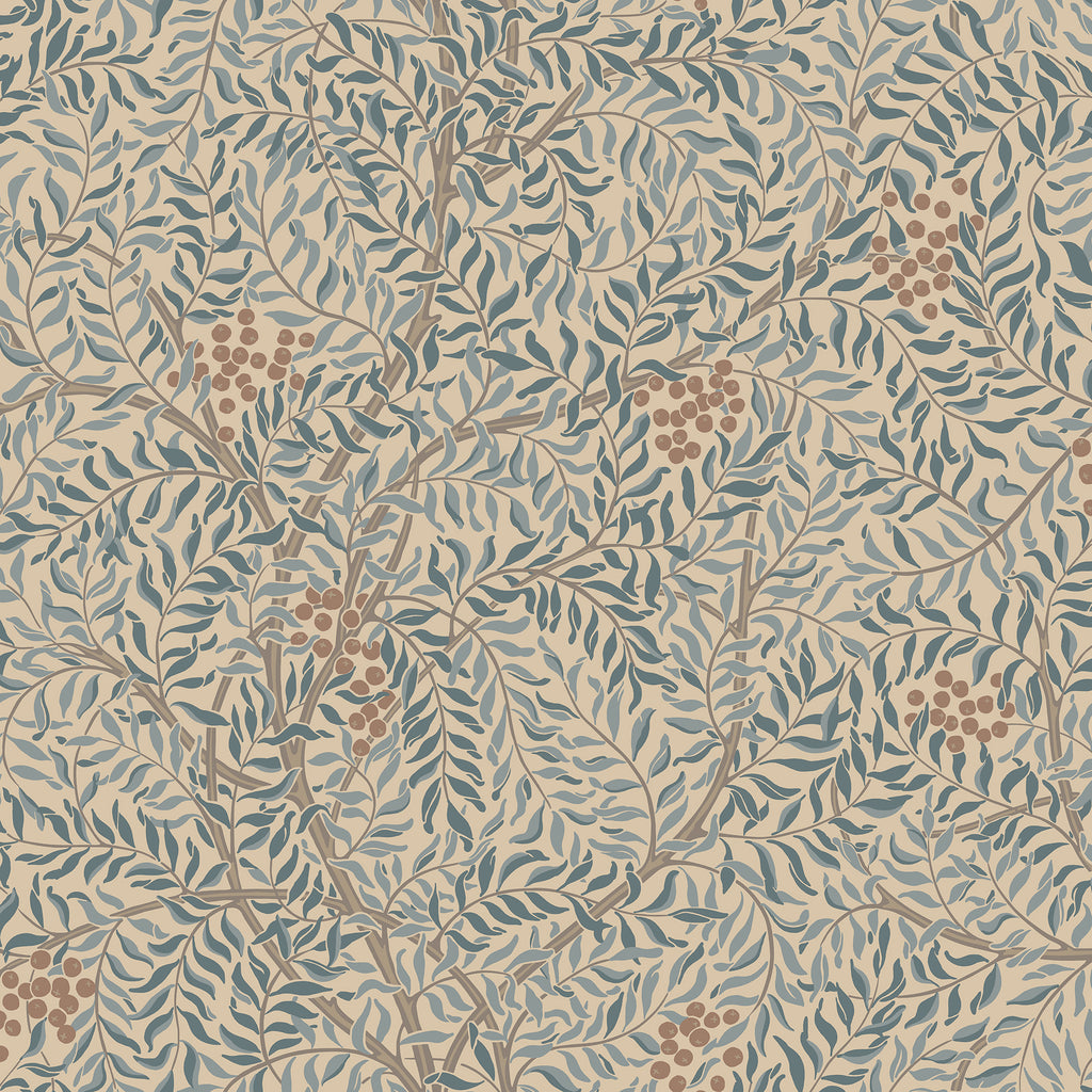 Simon wallpaper by Sandberg, flat swatch of blue-grey leaves and rust berries on stone